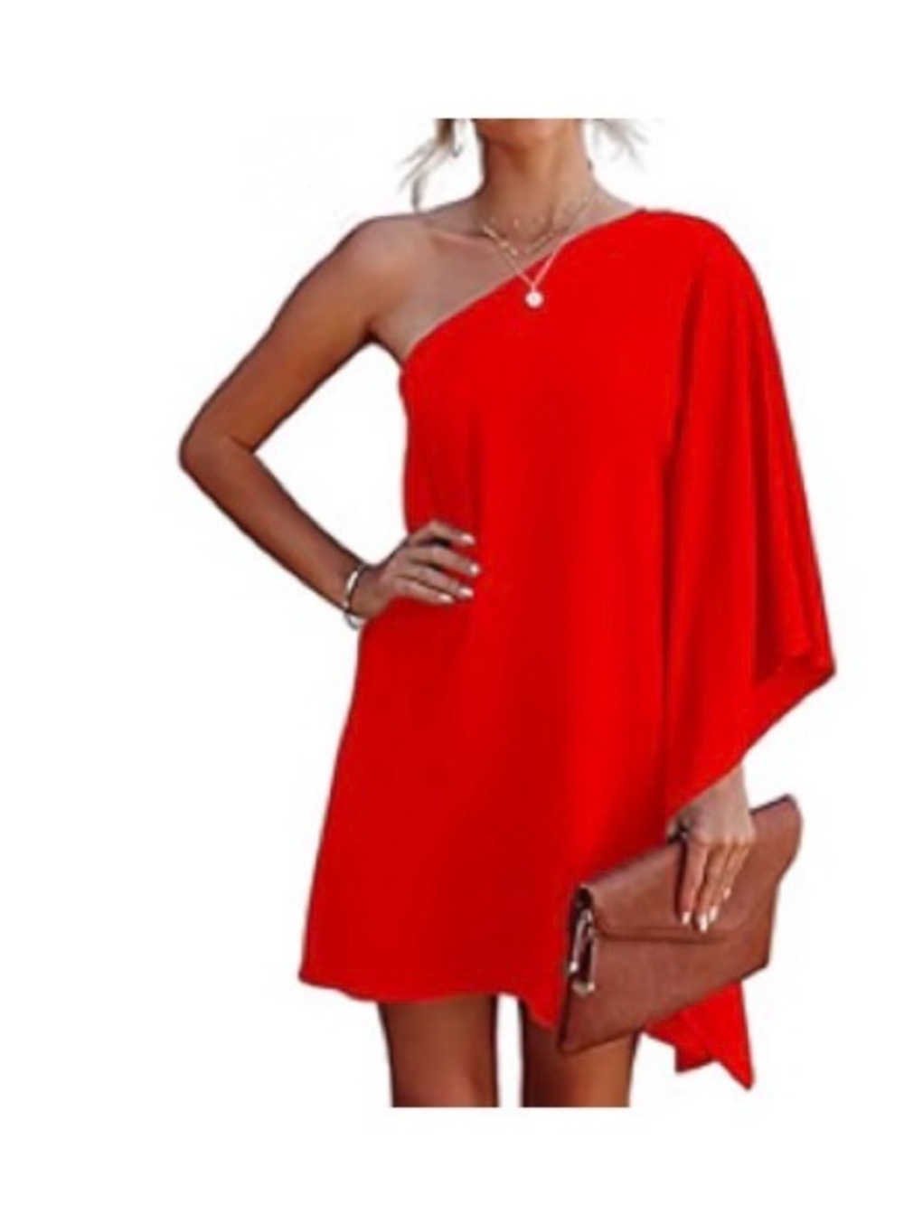 One-Shoulder Red Mini Dress with Draped Sleeve